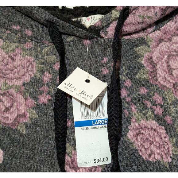 Ultra Flirt Large Gray Lightweight Sherpa Lined Hoodie Pink Floral Tunic To, L - Picture 3 of 9